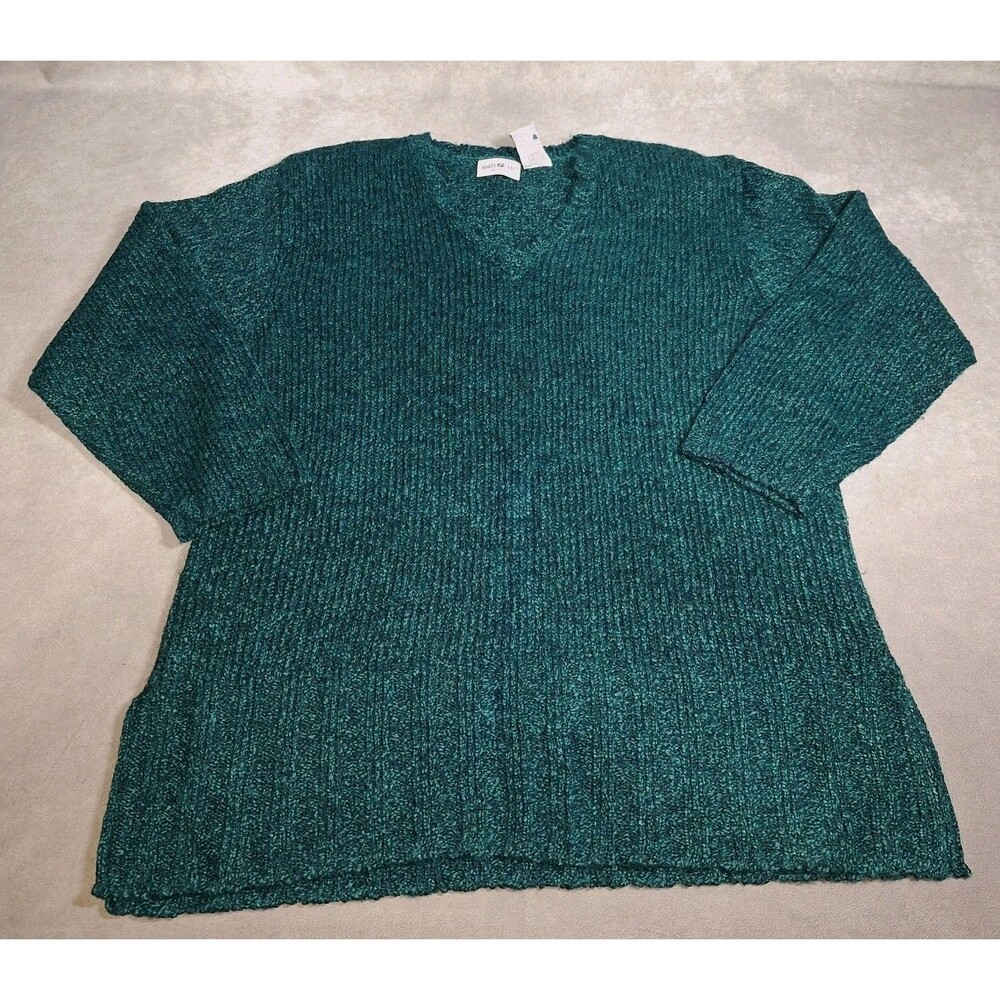 White Stag Sweater Womens 14W-16W Teal Blue V-Neck Long Sleeve Knit Shoulder Pad